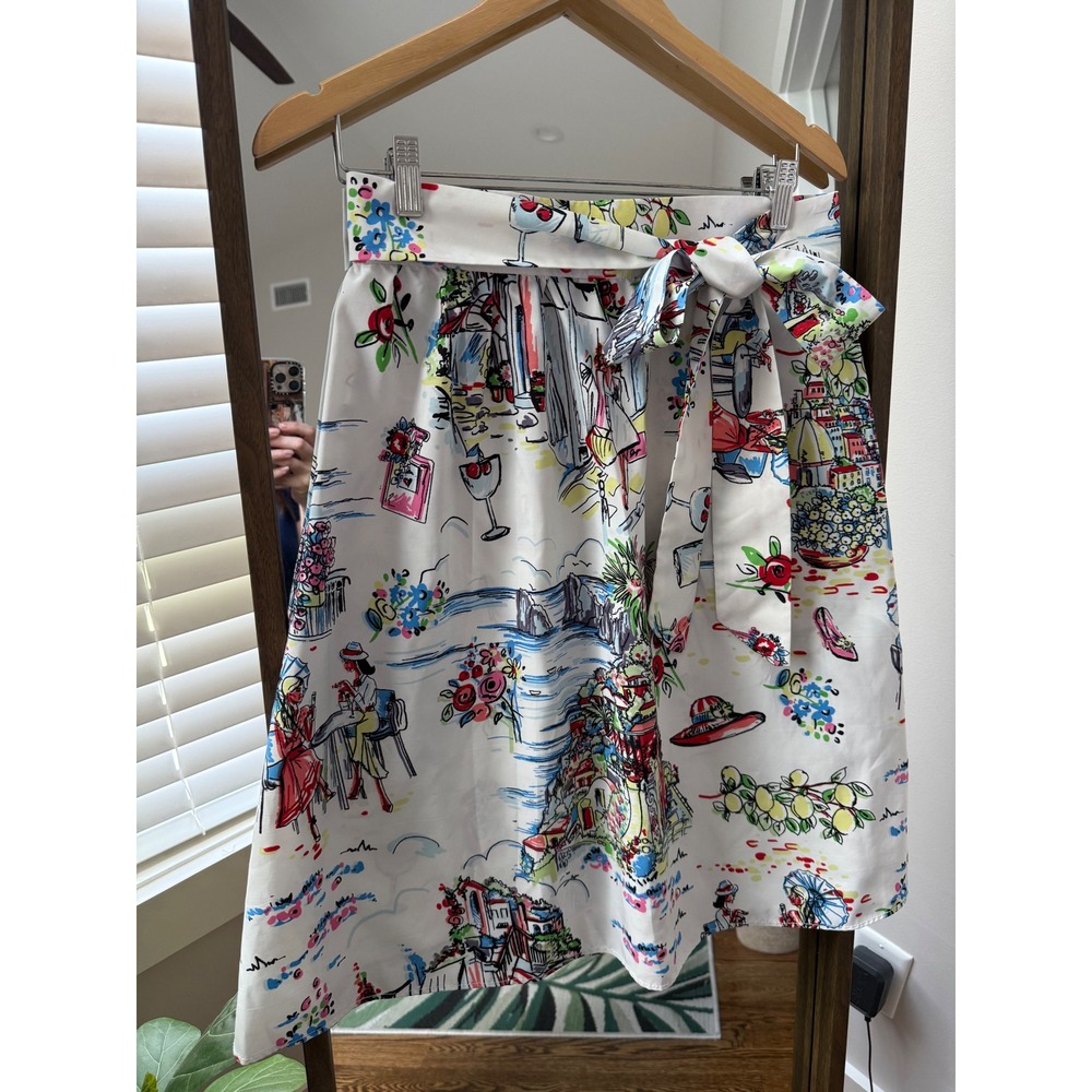 Women's White Scenic Print A-Line Skirt with Tie Waist